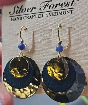 Silver Forest USA Earrings Circle Discs Layered Blue Gold Silver Tone Dangle - Image 1 of 4
