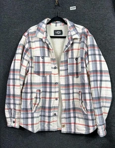 UGG Jacket Mens Large Gray Red Plaid Sherpa Lined Shirt Jacket Snap Flannel - Picture 1 of 8