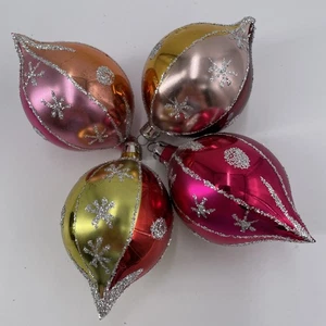 Vintage Mercury Glass Teardrop Glitter Christmas Classic Ornaments x4 - Picture 1 of 10