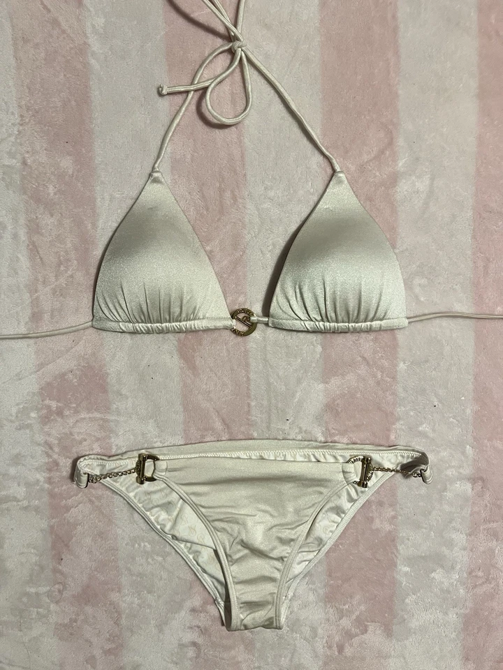 Conjunto de bikini Victoria’s Secret S anillo de oro blanco cadena halter parte superior parte inferior de natación Foto 1 de 4