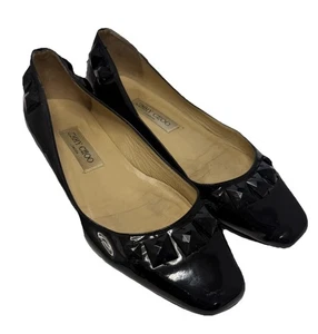 Jimmy Choo 39 /9 Flats Black Studs Embellished Logo Plaque Italy Patent Leather - Picture 1 of 16