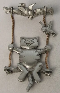 Vintage J.J. Jonet Cat on a Swing with Birds Brushed Antiqued Silver Tone Pin - Picture 1 of 5