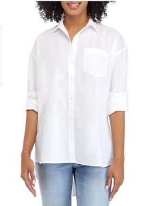 Women Cotton White Long Sleeve High Low Button Front Blouse - Picture 1 of 8