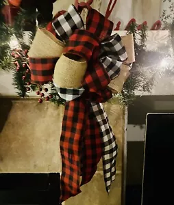Christmas bow tree topper Buffalo Plaid Red Black Burlap Decorative HANDMADE USA - Picture 1 of 7