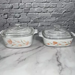 2 Vintage CorningWare Peach Floral Square Casserole Dishes 1L & 1.5L w/Lids ✅ - Picture 1 of 10