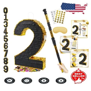 20-Inch Number 2 Piñata in Black and Gold with Stick, Blindfold & Confetti - Picture 1 of 8