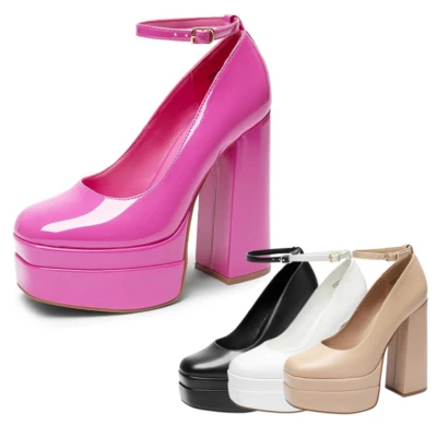 Zapatos de salón para mujer con correa en el tobillo punta cerrada plataforma tacón alto grueso boda fiesta Foto 1 de 2