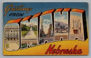 Carta grande saludo Omaha Nebraska Tichnor Bros lino sin publicar - Imagen 1 de 2