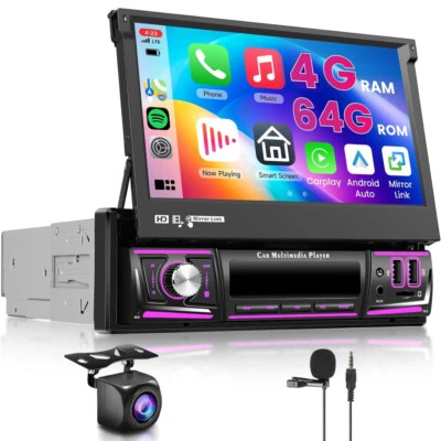 4+64GB Autoradio 1 DIN Android 15.0 CarPlay 7" Flip-out Bildschirm GPS NAVI WIFI - Bild 1 von 4