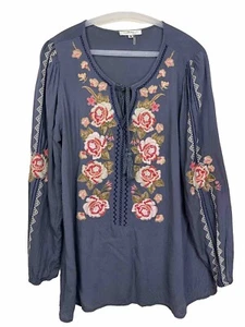 Andree top donna medio boho ricamato floreale grigio cravatta - Foto 1 di 9