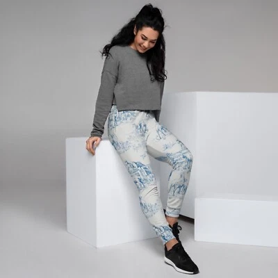 Women's Blue Toile lamb sheep pastoral  Jogger Pants Jogging Running Sweats - Image 1 of 4
