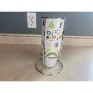 Christmas 4 Stackable 10 Fluid Ounce Personal Beverage Mugs With Stacking Rack - Picture 1 of 7