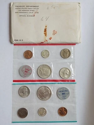 1964 P & D US Mint Set Uncirculated 10 Coins w/ 90% Silver OGP Envelope - Image 1 of 4