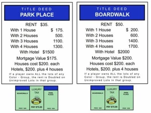 MONOPOLY BOARDWALK & PARK PLACE TITLE DEEDS - CHOOSE 11" X 17" OR 12" X 18" - Picture 1 of 3