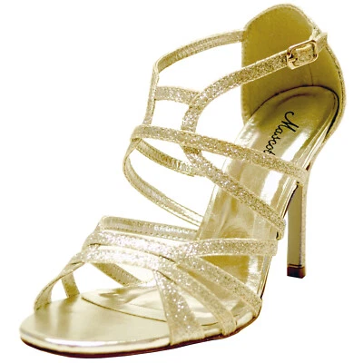 Nuevos zapatos de mujer oro brillo tacones de aguja tiras punta abierta formal boda fiesta Foto 1 de 4