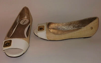 Sebago Flats Camella Peep Toe Flats Shoes Women's 6.5 Beige Raffia Patent Leathe - Image 1 of 4