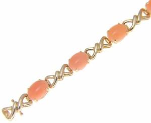 GENUINE NATURAL OVAL CABOCHON PINK CORAL TENNIS BRACELET SOLID 14K YELLOW GOLD