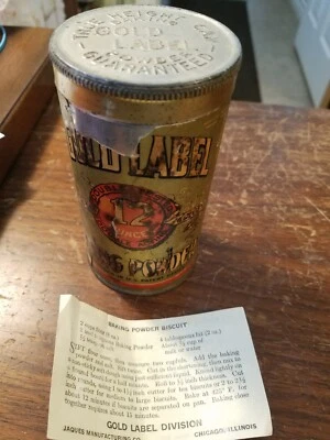 Lata en polvo para hornear etiqueta dorada vintage viene con receta original de galletas Foto 1 de 4