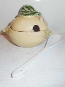 Vintage Faience Ceramic Lemon Figural Sugar Bowl with Lid & Spoon Yellow 3-1/2"W - Picture 1 of 5
