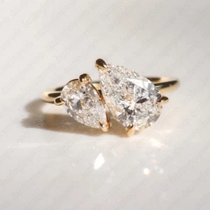 3.30TCW Pear Cut Moissanite Toi-Et-Moi Engagement Ring In Solid 14K Yellow Gold - Picture 1 of 6