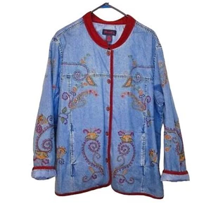 Vintage Denim & Co Embroidered Paisley Floral Bohemian Long Denim Jacket Size 2X - Picture 1 of 10