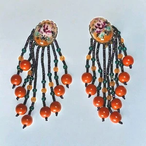 Handmade Cabochon Beaded Tassel Clip On Earrings 3.75" Black Orange Hand Painted - Picture 1 of 3