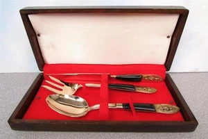 VTG WOOD CASED SIAMESE BRASS/WOOD SALAD SPOON, FORK & KNIVE SET - Picture 1 of 1