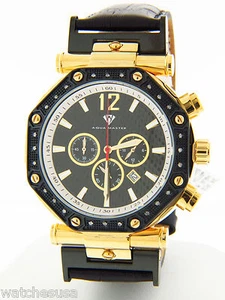 Aqua Master Men's Steel Case Black Leather Chronograph Diamond Quartz Watch - Picture 1 of 3
