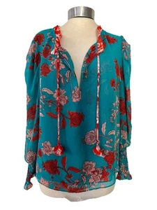 Blusa MISA Los Angeles Turquesa Estampado Floral Siena Manga Abullonada Boho Chic M - Imagen 1 de 17