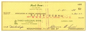 AUTÓGRAFO firmado por Hank Snow cheque ASSOC de artistas rurales / Grand Ole Opry - Imagen 1 de 2