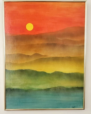 PINTURA AL ÓLEO VINTAGE MCM ABSTRACTA EN CAPAS PUESTA DE SOL CALIFORNIA ESMALTADA FIRMADA STEF Foto 1 de 4