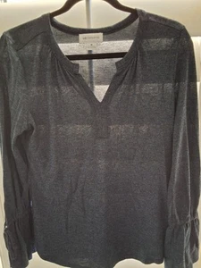 Liz Claiborne Damen M blau anthrazit Schlitz V-Ausschnitt Top Bindebündchen Bluse - Bild 1 von 4