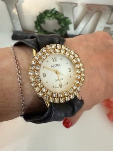 Vtg Acura Japan Mov Crystal Encrusted Quartz Watch Soft Blk Leather Fit 7" Wrist - Picture 1 of 24