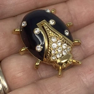 St. John Glossy Black Enamel & Crystal Rhinestone Lady Bug Brooch 1 2/8" MINTY! - Picture 1 of 5