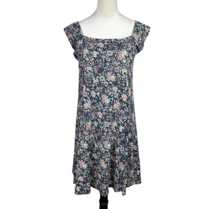 Loft M NWT Gray Floral Rayon Flutter Sleeve Square Neck Casual Mini Dress - Picture 1 of 10