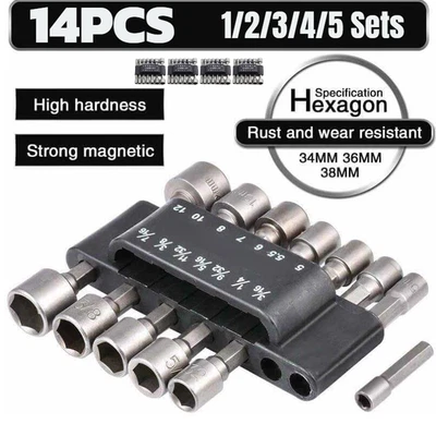 Juego de brocas de destornillador de tuerca eléctrica de 14 piezas cambio rápido MM y SAE impacto vástago hexagonal de 1/4" EE. UU. Foto 1 de 4