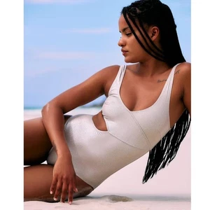 New Free People Solid & Striped The Reese One-Piece Swimsuit $188 SMALL Silver - Picture 1 of 6