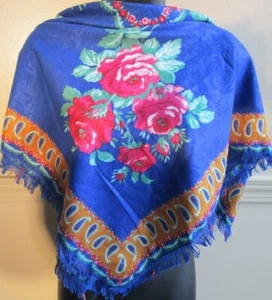 Vintage Blue Floral Shawl Scarf Fringed Wrap 32" x 34" Table Spread - Picture 1 of 4