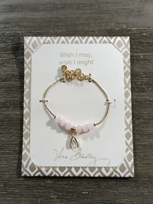 Vera Bradley Wish I May Wish I Might Wishbone Pink Bead Gold Tone Bracelet New - Image 1 of 4