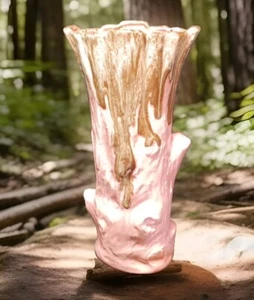 Pink Ceramic Tree Trunk W/ Brown Drip Design Flower Bud Vase 11.25"H - Picture 1 of 7