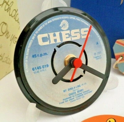 CHUCK BERRY CLOCK Side Table Desk Top Upcycled Vinyl Record Hit Single Size 4" - Image 1 of 4