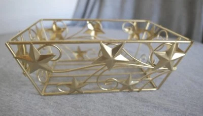 Gold Rectangle Metal Scroll Stars Napkin Plant Candle Holder Basket Décor 8" W - Image 1 of 4
