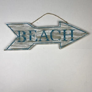 Beach Arrow Sign Solid Wood Distressed Painted Nautical Home Decor White Teal - Picture 1 of 8