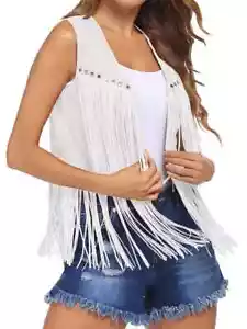 Women Tassel Vest Genuine Suede Rivets Sleeveless Fringe Jacket Waistcoat - Picture 1 of 11