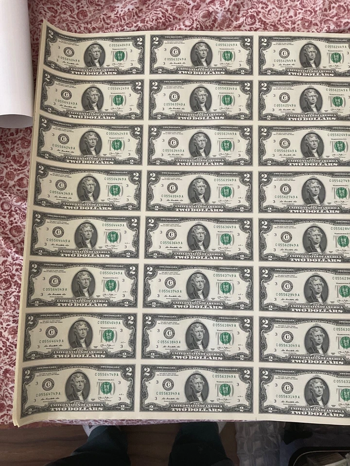 2013 full uncut sheet 32 notes $2 two dollar bill - Image 1 of 4