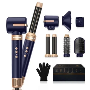 7 in One Ionic Hair Dryer Hot Air Styler Auto Air Curler 110000 RPM Blue/Gold - Picture 1 of 7