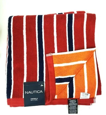 NUEVA TOALLA DE BAÑO NAUTICA OSCEOLA ROJA, BLANCA, AZUL MARINO, NARANJA A RAYAS 100% ALGODÓN 2 CARAS Foto 1 de 4