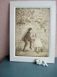 antyczna ilustracja chłopca i dziewczynki przy murze ogrodowym 1886
