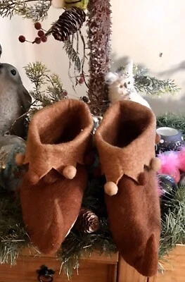 Handmade Brown Felted Elfin Slipper Boots,size Uk 7,unique Gift, Christmas Elf - Image 1 of 3