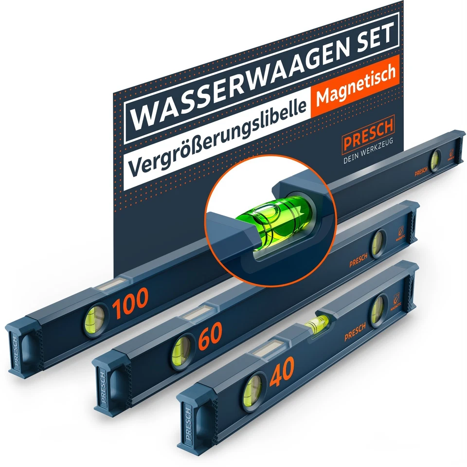 Presch Wasserwaage magnetisch 3tlg. (40, 60 & 100cm) - Inkl. 2% Gefälle-Anzeige - Bild 1 von 4